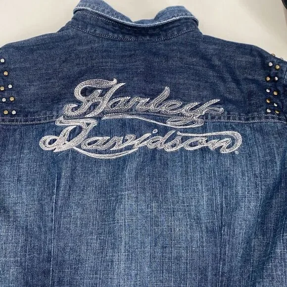 Harley Davidson Womens S Pearl Snap Close Studded  Denim Jean Shirt Roll Tab  Bl - Picture 8 of 12